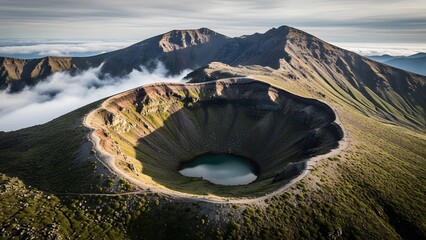 Stunning aerial view of a volcanic crater lake with a winding trail on its rim, surrounded by majestic mountains and misty clouds.