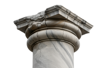 Close-up of a weathered marble column capital with classical architectural details against a white background.