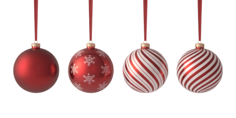 Four red christmas ornaments hanging with ribbons, isolated on transparent background