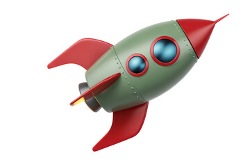 Green and red 3D cartoon rocket symbolizing startup launch innovation and space exploration