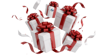 Five white gift boxes with red ribbons and bows falling with confetti and streamers isolated on transparent background