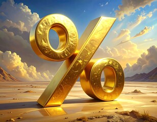 A large, gold percentage symbol stands on an arid, sunlit landscape