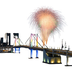 Vibrant fireworks illuminate modern cityscape with rainbow-hued bridge