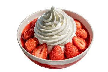 A close-up shot of a delicious dessert featuring a generous swirl of white whipped cream or soft-serve ice cream, surrounded by fresh red strawberries and strawberry sauce in a white and red bowl.