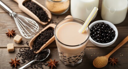 A glass of bubble tea with tapioca pearls and black tea on a wooden table with various ingredients and utensils.