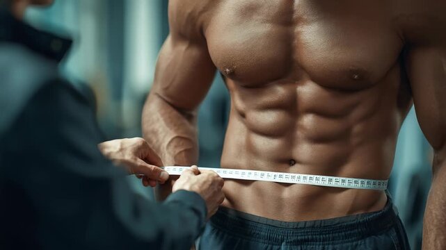Athletic man with defined abs getting his waist measured by a trainer in a modern gym. Fitness assessment and body transformation progress tracking concept for healthy lifestyle motivation