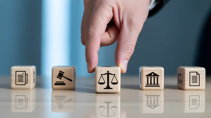 Hand placing balance icon block among law icons for fair judgment and justice concept
