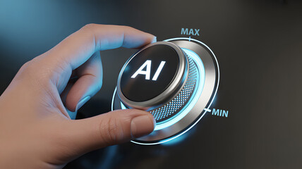 Hand adjusting AI level on futuristic control panel, controlling artificial intelligence settings