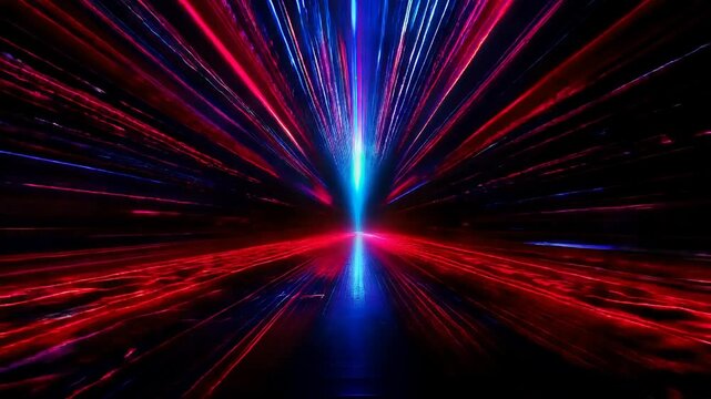 A stunning and dynamic abstract image featuring intense red and blue speed lines converging towards a central point. The effect creates a sense of motion, energy, and depth, perfect for futuristic, te