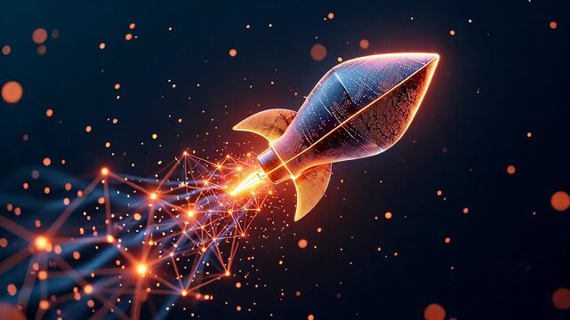 A stylized, 3D rendered rocket launches into a dark, starry background, leaving a trail of glowing polygonal particles and connecting lines. This futuristic image evokes a sense of speed, innovation, 