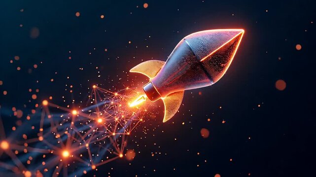A dynamic 3D render of a rocket bursting from a network of glowing particles against a dark, starry background. The intricate design evokes a sense of speed, innovation, and futuristic exploration. Pe