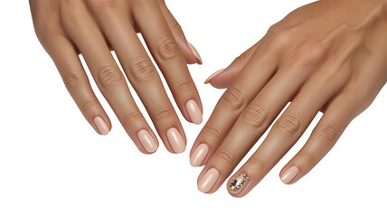 Closeup of two manicured female hands with light pink nail polish and one decorative jewel on a finger, isolated on transparent background
