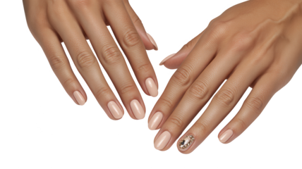 Closeup of two manicured female hands with light pink nail polish and one decorative jewel on a finger, isolated on transparent background