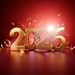Happy New Year 2026 3D Render Elegant golden typography with festive 