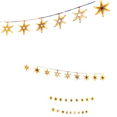 Golden star decorations hanging on strings against transparent background
