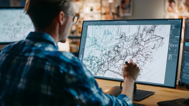 Focused on his screen, the illustrator skillfully draws intricate urban scenes with digital tools. The environment reflects a blend of innovation, creativity, and contemporary design trends