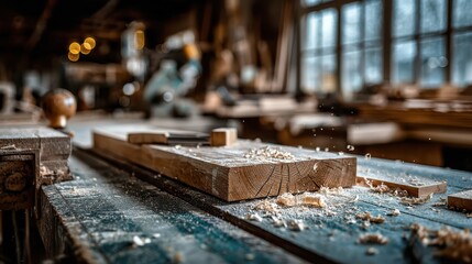 A well-lit woodshop scene showcasing a wooden board with sawdust, highlighting craftsmanship and woodworking tools in a creative environment.