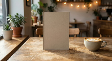 Blank book cover on a wooden table in a cozy cafe with latte art coffee
