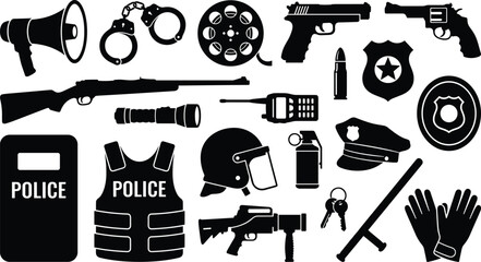Police law enforcement equipment silhouettes set, firearms protective gear communication tools badges accessories isolated on white background vector illustration collection