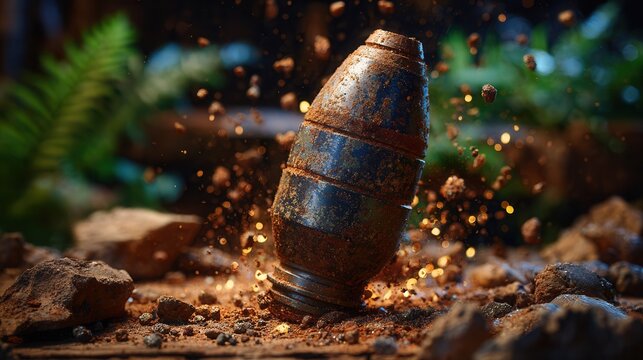 Rusted artillery shell exploding in dirt with rocks