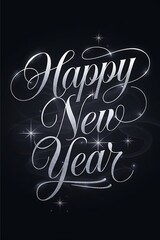 Happy new year white text with sparkling lights on black backgroun