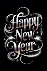 Happy new year white text with sparkling lights on black backgroun