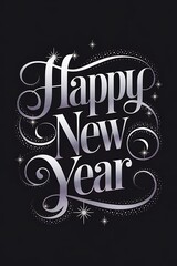 Happy new year white text with sparkling lights on black backgroun