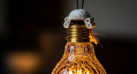 Thoughtful illumination on AI ethics and regulation symbolized by glowing lightbulb with judge wig. complex internal structure represents future of technology law