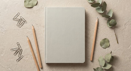 Minimalist flat lay of a blank notebook with pencils and eucalyptus leaves on a textured surface