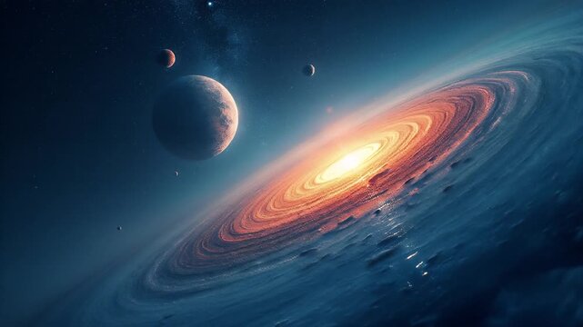 A breathtaking view of a colossal, ringed planet dominating a swirling, orange-red nebula. Two smaller moons orbit the planet, adding to the dramatic scene amidst a backdrop of scattered stars and cos