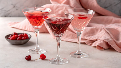 Three crystal cocktail glasses filled with pink and red cherryinfused alcoholic beverages, garnished with cherries, set on a light surface with a pink linen cloth in the background