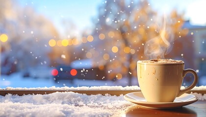 Warm Cup of Coffee Against a Snowy Winter View, Symbolizing Comfort and Seasonal Relaxation