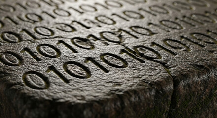 Stone tablet with binary code serious look at digital information permanence. future of ai development requires strong ethics and clear regulation for data privacy