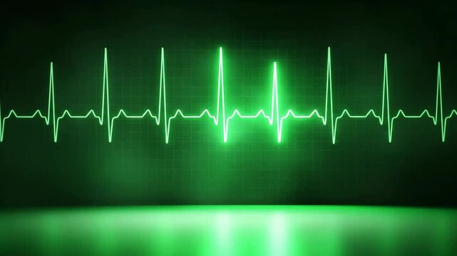 Green Heartbeat ECG Line Displayed on Dark Monitor Screen Reflecting Light On Glossy Surface Dramatic Lighting