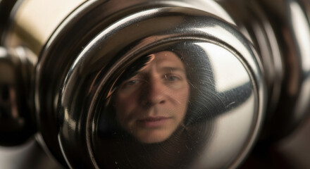 Mysterious man reflection in metallic peephole raises questions about surveillance ai ethics and need for privacy regulation. His serious expression shows deep concern