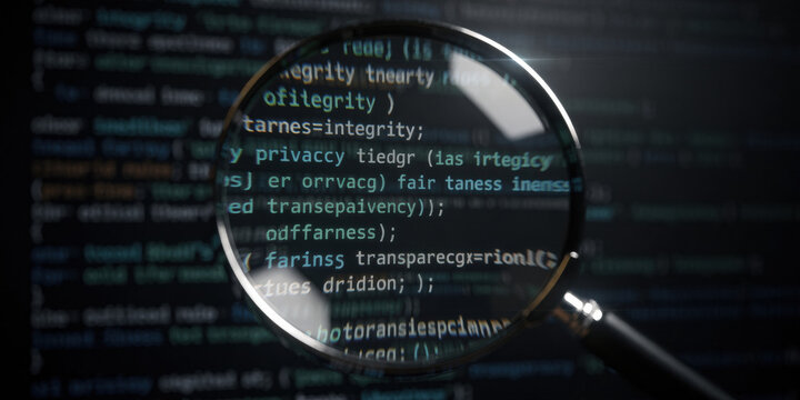 Magnifying glass reviewing software code for ai ethics and regulation. serious inspection of an algorithm highlights privacy security integrity and digital transparency