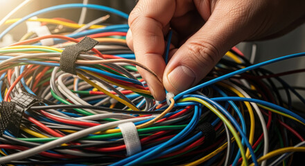 Technician hand working on complex wiring for an ai network system. This technology underscores urgent need for clear ethics and strict regulation for future development