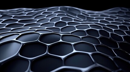 sheet of graphene, represented as a single-atom-thick hexagonal lattice, floating and gently rippling, reflecting light with an iridescent sheen, dark background, abstract science, 