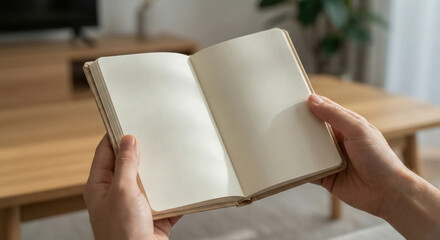Person holding an open blank notebook, ready for writing or drawing ideas