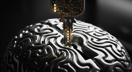 Futuristic ai technology and liquid injection into metal brain. thought provoking image on intelligence enhancement ethics and need for future regulation