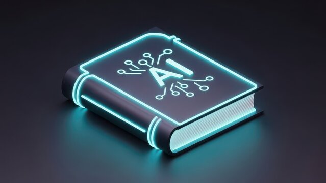 Book with a glowing blue cover that says AI