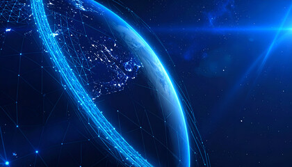 Stunning Blue Planet Earth in Deep Space with Glowing Lights.