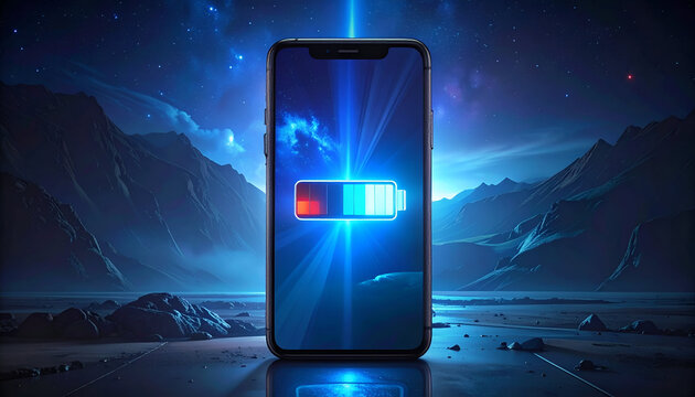 Smartphone Charging Displaying Battery Level with Blue Light and Mountains. - Powered by Adobe
