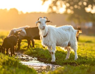 Obraz premium White goat stands proudly near others in warm sunlight