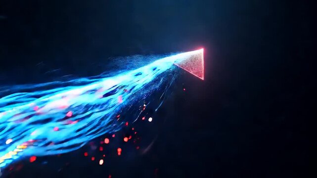A vibrant, futuristic arrow of light streaks upwards against a dark background, surrounded by glowing particles.  This dynamic shot evokes feelings of progress, ambition, and innovation. Perfect for v