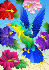 An illustration in stained glass style with a bright Hummingbird bird on the background of the sky and flowers