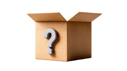 Open cardboard box with a large gray question mark symbol, representing mystery, surprise, or a giveaway, perfect for ecommerce promotions and unknown product announcements
