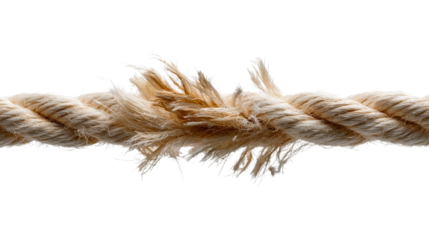 Close up of a thick, frayed rope breaking apart in the middle, symbolizing stress and weakness in connection, useful for conveying concepts of breaking points and tension.