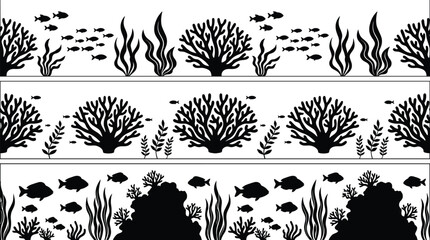 Underwater coral reef silhouette borders set, marine life fish seaweed ocean plants, aquarium nature decoration isolated vector illustration © Shahariar's World