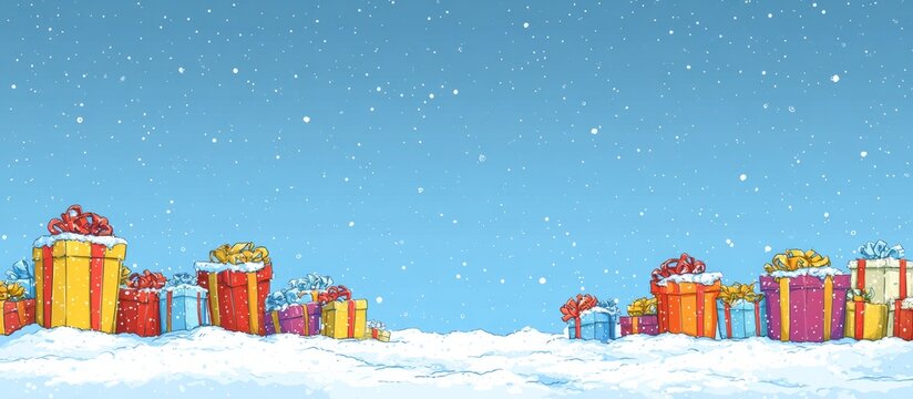 Christmas holiday gifts covered in snow, copy space - Powered by Adobe